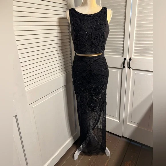 Vintage BEBE heavily beaded lace black skirt size 4 and top size 8 two piece set
